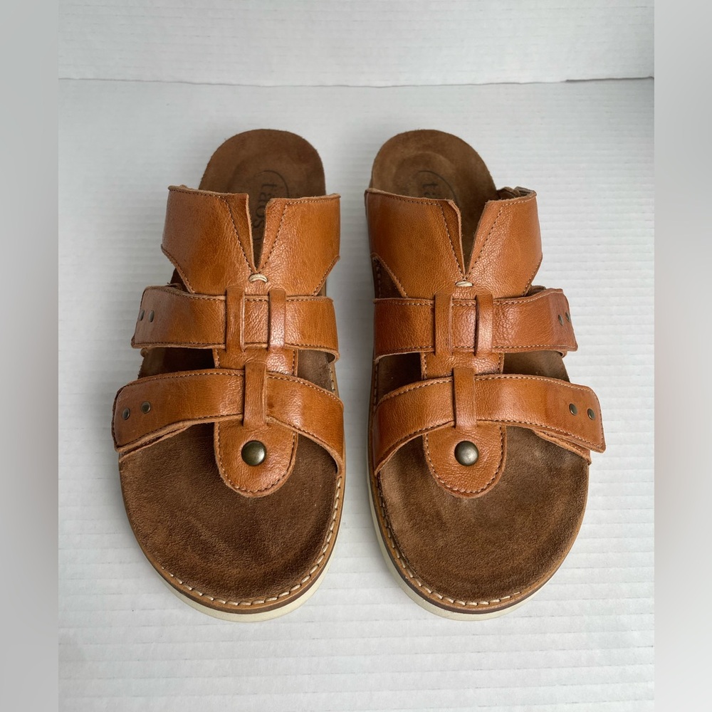 Taos Leather Magnificent Sandals Women’s Size EU 41 Brown Cognac Fisherman Slide - Picture 2 of 15